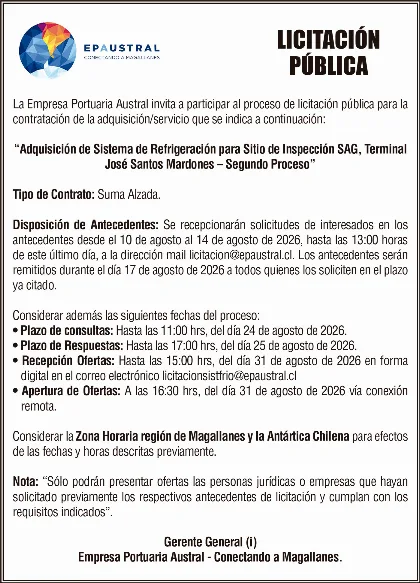 EPAustral abre licitación para sistema de refrigeración en Terminal José Santos Mardones